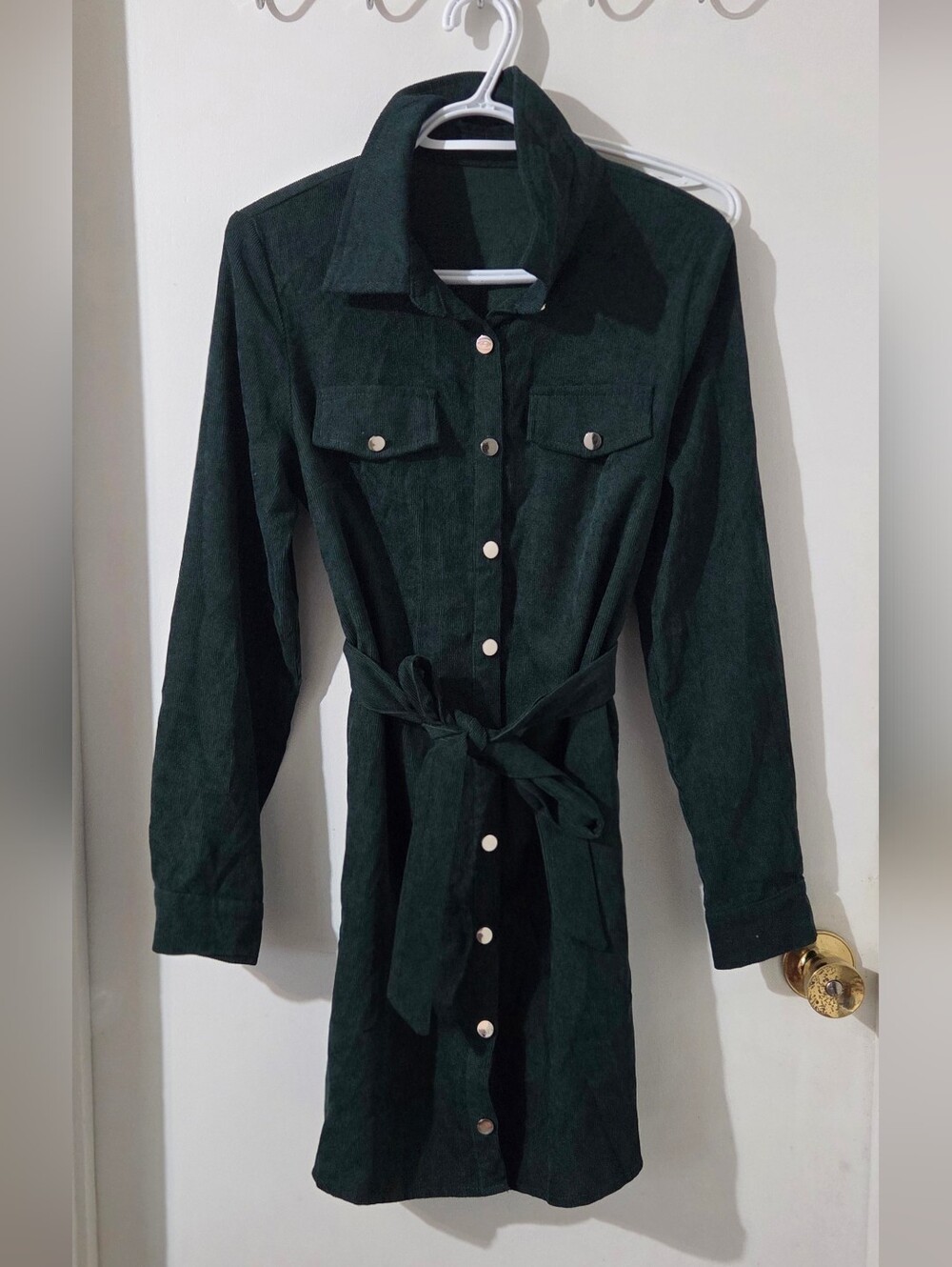 SHEIN Dark Green Long Sleeve Button-Up Shirt Dress with Tie Waist